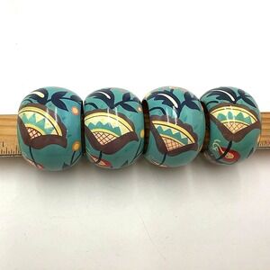 Set of 4 Wood Hand Painted Blue Round Napkin Ring Holder Floral Heart Russian?